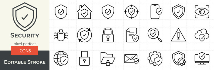 Set of pixel perfect icons on theme security, firewall and protection.