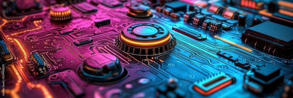 Poster glowing blue and green digital circuitry with data transfer patterns on a tech background
