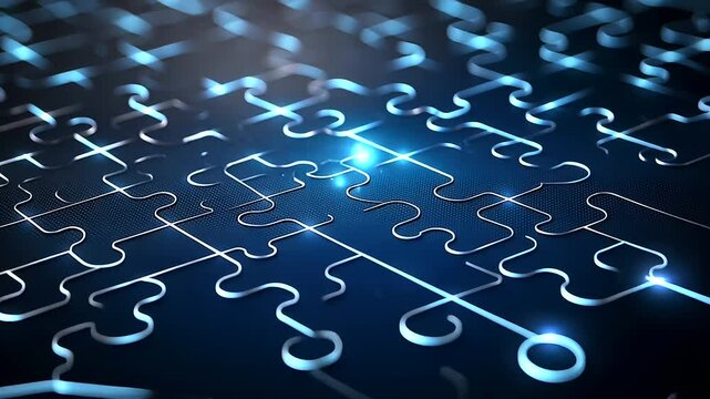 A digital puzzle grid with pieces snapping into place, glowing with bright blue energy, illustrating seamless software and data integration.