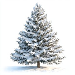 Fototapeta premium Pine tree covered in snow, with frosty branches sparkling in the winter sun, isolated on white background