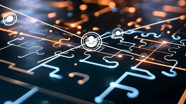 A digital puzzle grid with pieces snapping into place, glowing with bright blue energy, illustrating seamless software and data integration.