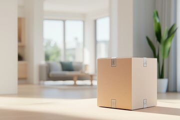 Simple cardboard box rests on a table in a sunlit modern apartment living room, suggesting a recent delivery or package
