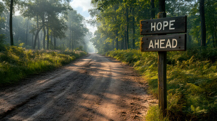 Pathway in summer forest, rustic wooden sign with the word Hope