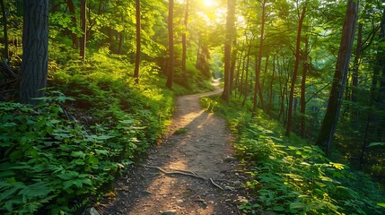 Obraz premium Sunlit forest path winding through green trees and foliage. Nature trail in a lush woodland setting with dappled sunlight.
