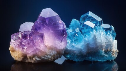 Fototapeta premium Amethyst and Aquamarine Crystals on Dark Background