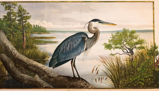 Vintage Auduboninspired Great Blue Heron Poster, Celebrating American Wildlife in a Retro Nature Scene, Ideal for Bird Lovers and Home Decor - Powered by Adobe