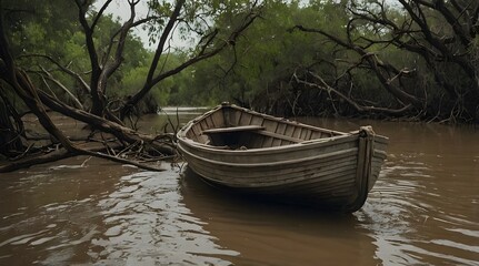 An old wooden rowboat floating in a murky river, surrounded by dense, overgrown trees. The scene is moody and mysterious, evoking solitude and a sense of forgotten adventure in nature