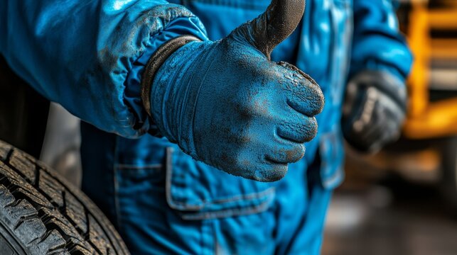 Happy and cheerful, the mechanic gives a thumbs up with a car tire in the automobile repair shop, smiling