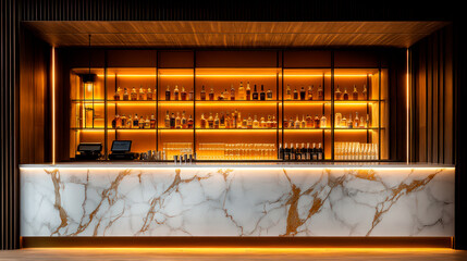 Classic bar counter made of marble with golden lighting