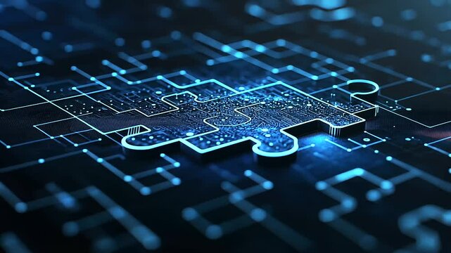 An abstract data cloud made of interlocking neon-blue puzzle pieces, illustrating smooth cloud API integration in a high-tech digital world.