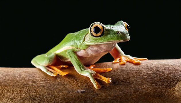 Vibrant Australian Green Tree Frog Perched on Mossy Log in Tropical Rainforest, Displaying Bold Colors and Exotic Textures