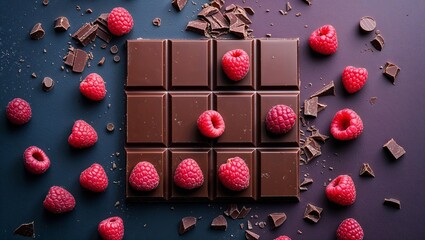 Dark chocolate bar with fresh raspberries and pieces on dark two tone background