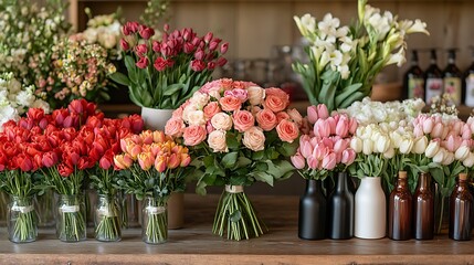 Valentine's inspired bouquet bar with fresh roses tulips and lilies styled for guests to create their custom floral arrangements