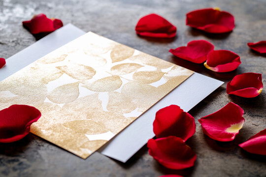 Elegant wedding invitation adorned with rose petals and a shimmering gold design on a textured surface. Generative AI - Powered by Adobe