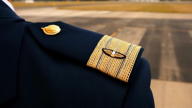 Golden stripes and wing insignia adorn the shoulder of a pilot's uniform, signifying rank and expertise against the backdrop of an airport runway