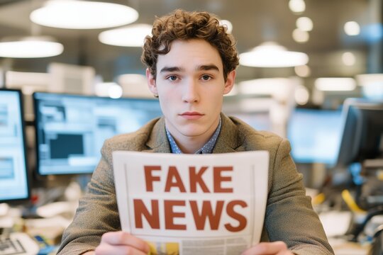Young male journalist holding fake news newspaper in busy newsroom, highlighting misinformation and journalistic ethics