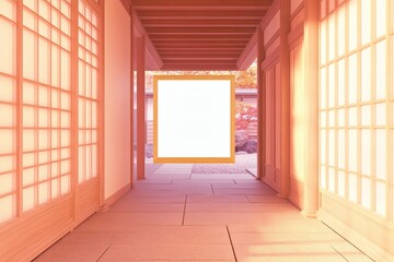 Elegant Japanese hallway with blank frame, inviting tranquility and serenity