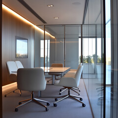 Fototapeta premium Modernes Büro mit Glaswänden und Holzfußboden, lichtdurchflutet