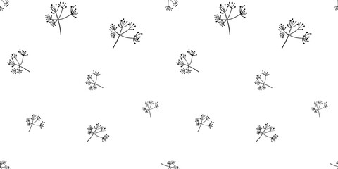 Horizontal seamless pattern with blooming flowers, leaves on white. Spring floral backdrop. Line vector illustration botanical design field wild flowers. Dandelion, yarrow, milfoil herb