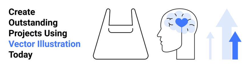 Shopping bag, human brain with heart, and upward arrows symbolize innovation, creativity, and growth. Ideal for business, retail, marketing, psychology progress ideas flat landing page banner