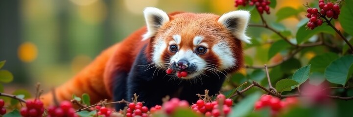 Fototapeta premium Red panda enjoys a meal of berries amongst vibrant foliage , fauna, adorable