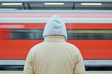 Man in a hooded sweatshirt gazing at a moving train while waiting on a railway platform, immersed in thoughts of travel and adventure