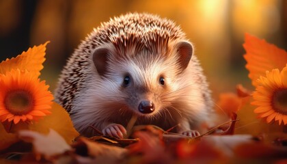 Enchanting Autumn Portrait of a Cute Hedgehog Basking in Golden Leaves, Showcasing Warmth and Whimsy Amidst the Seasonal Landscape