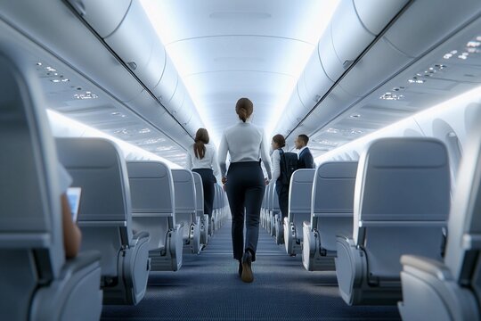 Airline crew helping passengers board the plane efficiently