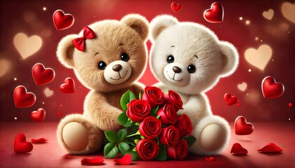 teddy bears in love, holding rose flowers, greeting card, with hearts on a red background