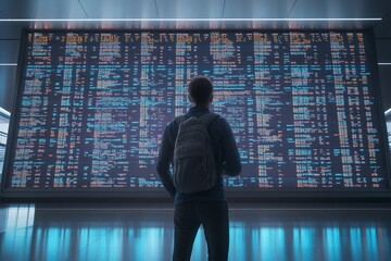 Fototapeta premium Traveler looking at a large digital flight schedule screen