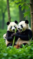 Obraz premium Several pandas consume bamboo in a lush green clearing , meal, adorable