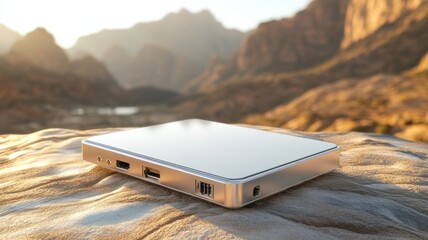Solar powered portable charger in mountain landscape for eco-friendly travel