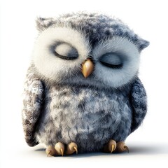 Obraz premium Sleepy baby owl with fluffy feathers, isolated on white background
