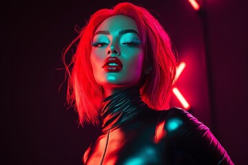 Fototapeta premium Futuristic Alien Makeup Close-Up: Blue-Green Glow and Neon Lights
