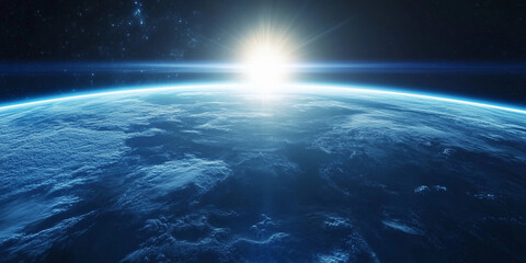 Fototapeta premium View of Earth from orbital station during sunrise, showcasing the vast atmosphere and glowing horizon, highlighting the beauty of our planet in space. Generative AI