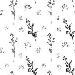 Horizontal seamless pattern with blooming flowers, leaves on white. Spring floral backdrop. Line vector illustration botanical design field wild flowers. Camomile, bluebells, poppy, medicine herbs