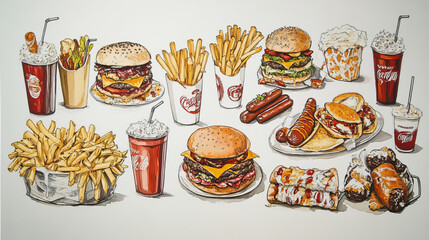 Fast food restaurant dishes poster. Hamburger and hot dog sandwiches, pizza, fries, sweet soda, ice cream, taco, nacho, burrito, popcorn sketches arranged into frame for fast food menu cover design