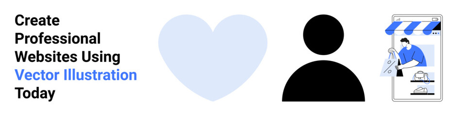 Large heart shape, user avatar, and storefront with web design elements. Ideal for marketing, web services, technology, e-commerce, user engagement, branding flat landing page banner
