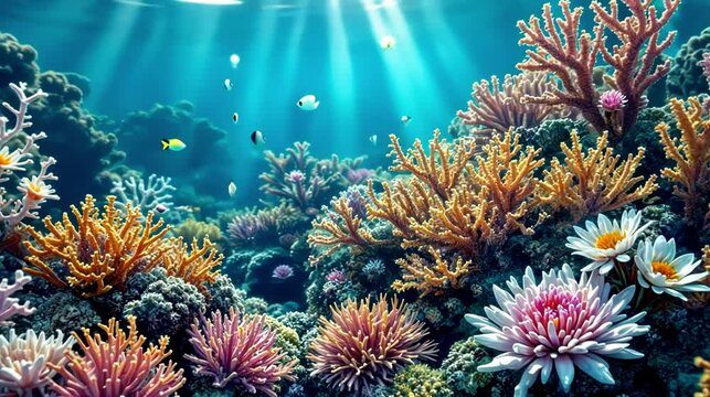 Vibrant coral reef underwater scene, showcasing diverse marine life and colorful flora, illuminated by sunlight.