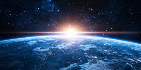 Fototapeta premium Orbital view of Earth with sunrise illuminating the horizon over vast oceans and land masses in a stunning display of colors. Generative AI