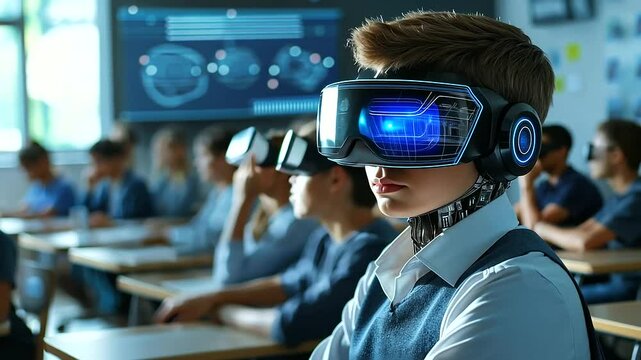 A classroom filled with eager students watches as a robotic teacher, with glowing blue eyes, explains physics using an augmented reality display.