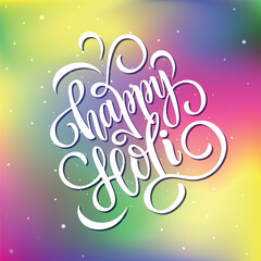 Happy Holi handwritten text. Hand lettering, modern brush ink calligraphy. Indian festival of colors theme. Colorful gradient background, vector illustration typography design as logo, card, poster
