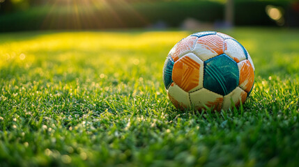 Fototapeta premium Classic soccer ball resting on lush green grass in warm golden sunlight, sports photography capturing outdoor energy and motion