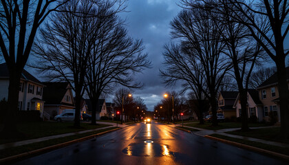 Silhouette of bare trees on rainy evening street, tranquil suburb