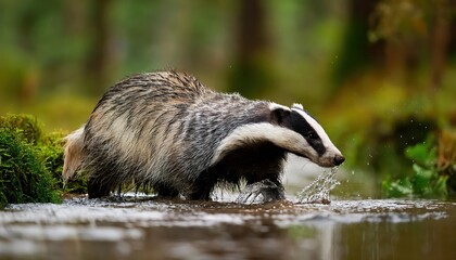 Obraz premium Majestic European Badger Basking in Autumnal Forest under Sunlit Canopy, Capturing the Charm of German Woodlands