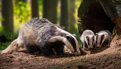 Obraz premium Nurturing Moments Badger Sow Feeding Her Cubs amidst the Enchanting Woodland Forest, Capturing the Warmth and Love of a Family Bond in Natures Embrace