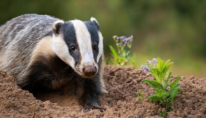 Fototapeta premium Majestic Wild Badger Emerges at Dawn from Its Burrow Amidst the Lush English Countryside, Showcasing the Agility and Power of this Elegant Creature.