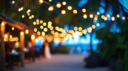 A beautifully lit beachfront setting with glowing string lights, palm trees, and blurred couple in background, creating magical evening ambiance.