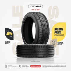 Tyres advertisement poster on light background. Web design. Promotion. Tyre store.