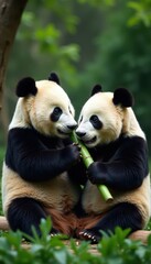 Naklejka premium Two pandas munching bamboo together, Chengdu Zoo , food, adorable
